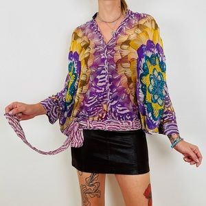 Marciano 100% silk long sleeve blouse abstract print boho top wrap tie waist
